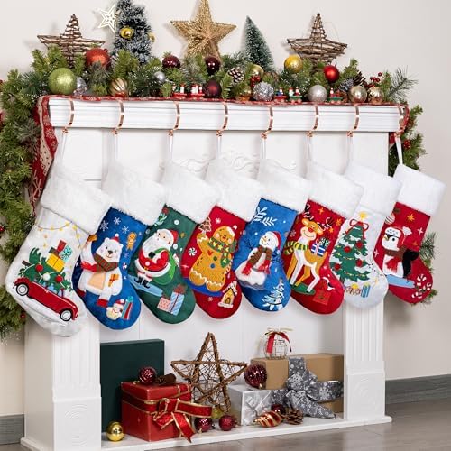 BHD BEAUTY Christmas Stocking 8 Pack Green Blue Red Velvet Embroidery Pattern Soft Faux Fur for Family Decorations Hanging Ornament for Xmas Holiday Party - Image 2