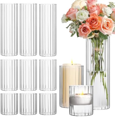 ComSaf Glass Cylinder Vases 12 Pcs 4/6/10 Inch Tall, Clear Ribbed Bud Vases by ComSaf