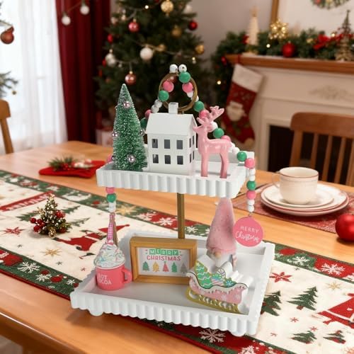 Pink Christmas Decorations 8 PCS Tiered Tray Decor Set for Home Office - Image 5