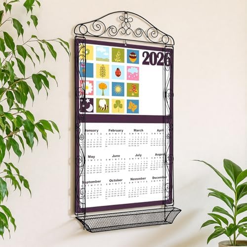Zonon Wrought Iron Wall Display Organizer Metal Calendar Holder with Basket 18 x 32 Inches Multi Purpose Wall Mounted Holder Vertical Poster Hanger for Canvas Artwork Diamond Painting Display(Flower) - Image 3