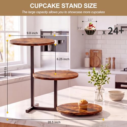 ZUJJAFY Cupcake Stand Tower, Tiered Tray Stand for 24 Cupcakes, 3 Tier Wooden Dessert Stands with Metal Frame Display Stand for Vendor Events, Party - Image 3