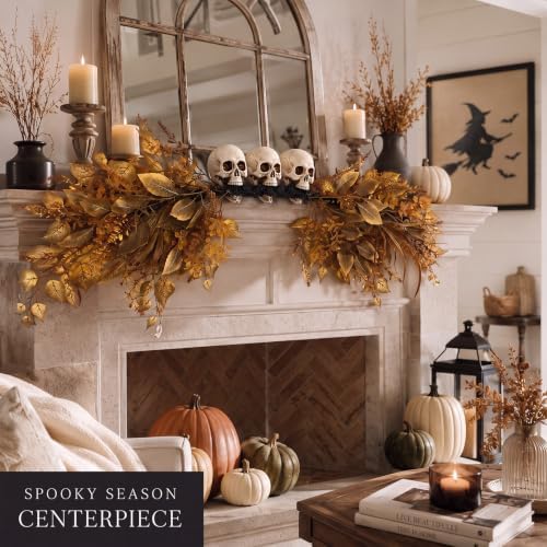 Hoteam 5 ft Halloween Garland with Skulls, Gothic Golden Fireplace Swag - Image 4