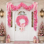 9FT Pink Christmas Garland with Lights Bow Decor Soft Preit Cedar Garland - Image 7