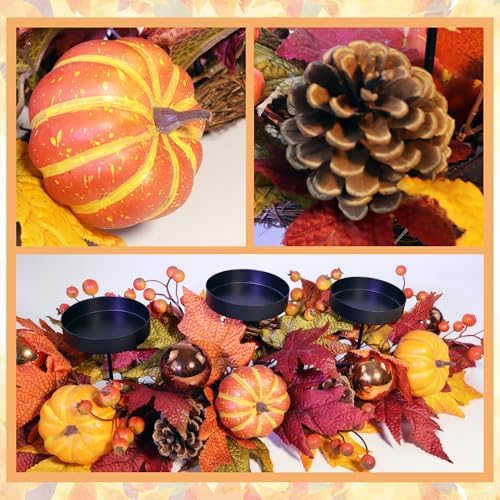 Fall Candle Holder Centerpiece for Table – Thanksgiving Table Decor with Pumpkins, Maple Leaves,Autumn Harvest Decoration with 3 Candle Holders for Dining Table, Fireplace & Home Decor - Image 3