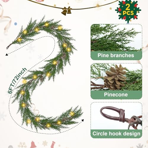 Artgar 2Pcs Christmas Cedar Garland, 6 Ft Prelit Christmas Garland - Image 2