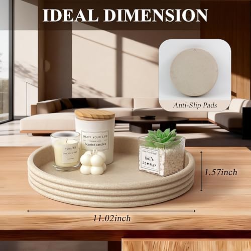 Round Decorative Tray, Modern Coffee Table Tray Decor 11" Resin Beige Tray - Image 3