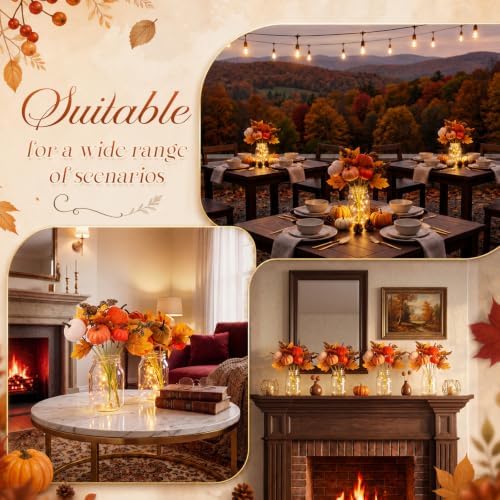 6 Set Fall Mason Jar Centerpiece Table Decor for Dining Room Thanksgiving Flowers Farmhouse Coffee Table Decor with Pumpkin Bouquets and String Light for Kitchen Living Room Wedding Home - Image 6