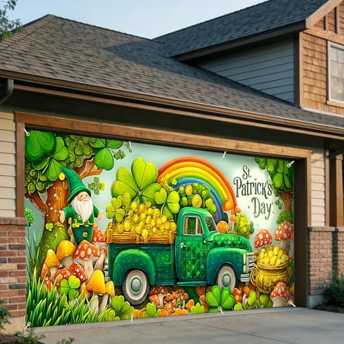 6x13 FT St. Patrick's Day Garage Door Banner -Green Vintage Truck & Gnome with Clover Rainbow Backdrop,Large Indoor Outdoor Garage Door Cover,Holiday Decoration for Home, Yard,Party - Image 4