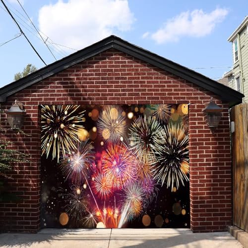 7x8ft Gorgeous Fireworks Garage Door Banner Cover Happy New Year 2025 Photography Backdrop Colorful Blurry Bokeh Fireworks New Year's Eve Celebration Countdown to New Year Banner Party Decor - Image 2