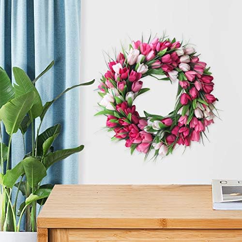 IUIBMI 20 Inches Artificial Door Wreath Spring Tulip Wreath for Front Door, Mothers Day Artificial Flower Wreaths with Pink Tulips for Wall Window Party Wedding Decor - Image 2
