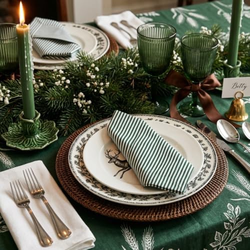 Mindsoft Set of 12 Christmas Green Striped Linen Cotton Napkin 18" x 18" - Image 3