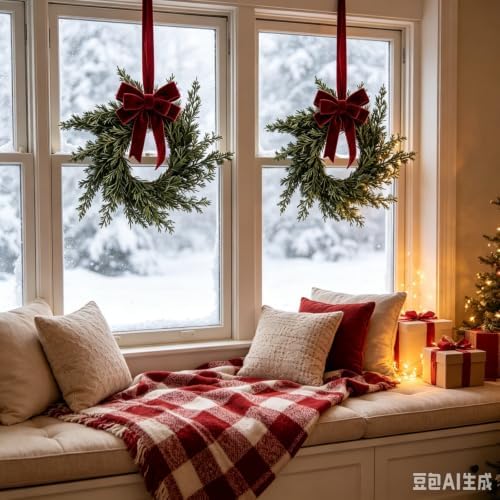 6 Pcs Small 4th of July Hanging Wreaths for Cabinets Patriotic Mini Candle Ring Wreath with Red White Blue Flowers (6, Winter Greenery Cedar Burgundy Bow) - Image 6