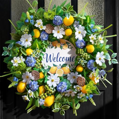 Spring Summer Wreaths for Front Door 24 Inch,Summer Wreath with Artificial Lemon,Daisy,Hydrangea & Lotus Pods,Door Wreath for Indoor Outdoor Farmhouse Home Decor by wreathqueen