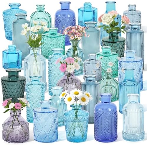 Set of 30 Blue Glass Bud Vases Small Textured Flower Vases by saiguomi