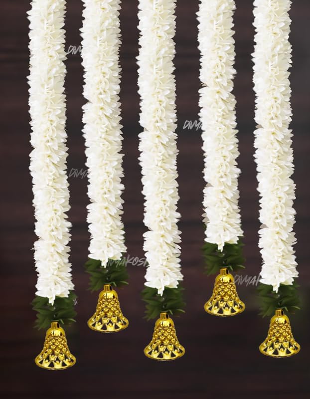Divyakosh Garlands for Home Decoration, Gajra Hangings (Pack of 6 Latkan, Size 14 Inch Each) | Offwhite Fabric Jasmine Flower with Golden Bell | Flower Garlands for Home Decoration | - Image 2