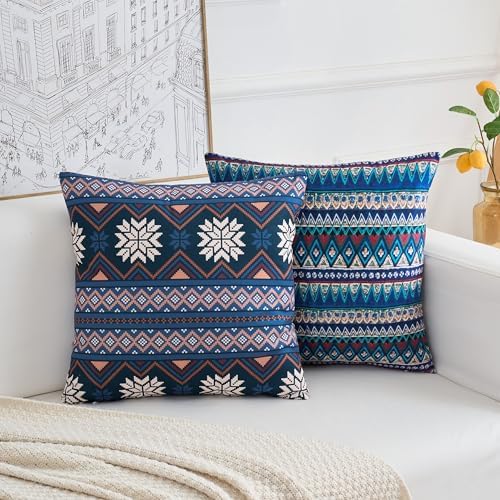 Couch Bohemian Double-Sided Patterned Throw Pillow Covers 20X20 Inch Set of 4 Square Farmhouse Decorative Cushion Covers BOHO Vintage Pillow Cases For Sofa Living Room Bedroom Outdoor Patio Porch - Image 5