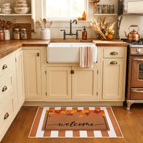 2 Pcs Fall Maple Leaves Welcome Doormats Autumn Outdoor Rug Striped Layering Porch Mats Non Slip Thanksgiving Entryway Shoe Scraper Washable Front Door Carpet Farmhouse Decorations 24x32 Inch - Image 5