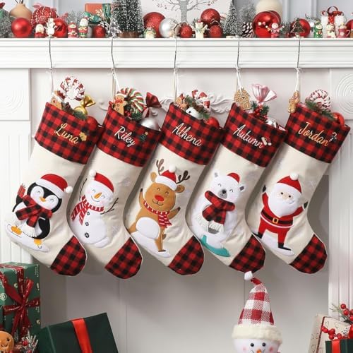 Personalized Christmas Stockings with Embroidered Name & Monogram,Custom 3D Xmas Character Stocking 3 Pack 18” Large,Santa,Snowman & Reindeer Fireplace Hanging Red Burlap Plaid Stockings(D) by Infiher