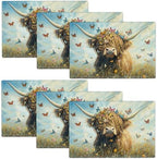 Farmhouse Highland Cow Placemats Set of 6 Rustic Animal Table Mats Farm Butterfly Place Mats Decor Imitation Linen Heat Resistant Tablecloth for Dining Decoration Kitchen Party Restaurants 12''x18'' by gkmaolt