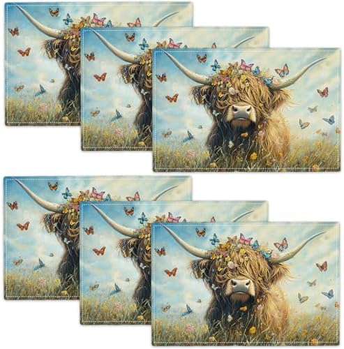 Farmhouse Highland Cow Placemats Set of 6 Rustic Animal Table Mats Farm Butterfly Place Mats Decor Imitation Linen Heat Resistant Tablecloth for Dining Decoration Kitchen Party Restaurants 12''x18'' by gkmaolt