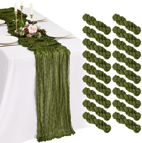 18 Pack Cheesecloth Table Runner 10FT Olive Green Table Runner Boho Gauze Cheese Cloth Table Runners Long Rustic Sheer Table Decorations for Wedding Party Baby Bridal Shower Birthday Holiday Home by Showgeous