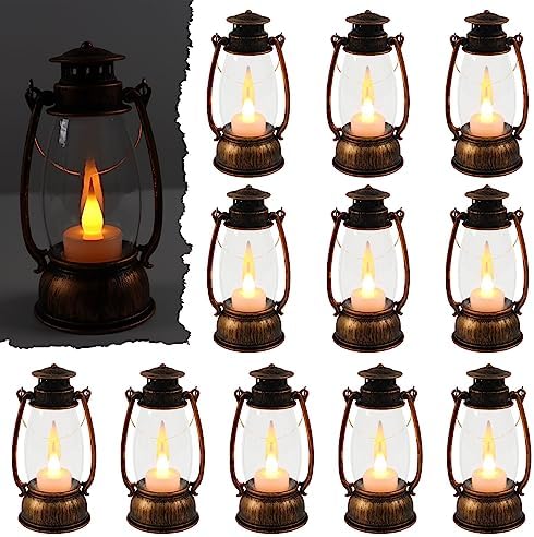 12Pcs Mini Lantern Decorative with Flickering LED Candle, 6Inch Small Western Lantern for Table Centerpiece, Vintage Hanging Candle Holders for Western Halloween Camping Party Decor (Brown) by ReperlaSpecialMiniSmallLanternDecoration