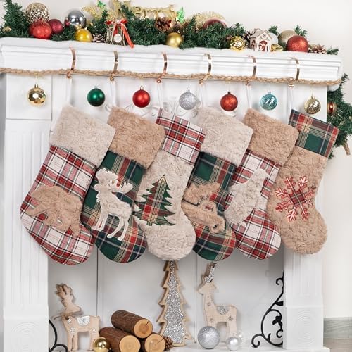 LUBOT New 6 Pack Christmas Stocking 20" Red Green Plush Plaid Mix and Match Classic Rustic Farmhouse Country Cotton Fireplace Hanging Xmas Stockings Decorations for Family Holiday Season Decor by LUBOT