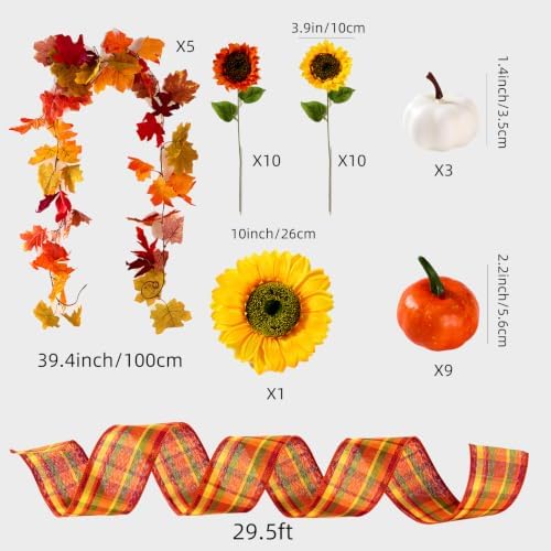39 Pcs Fall Maple Leaf Sunflower Tree Decoration Set Leaf Garlands 2.5 Inch × 9.8 Yd Orange Harvest Ribbon Sunflower Pumpkin Thanksgiving Hanging Decor for Fall Autumn Thanksgiving Tree ﻿ - Image 2