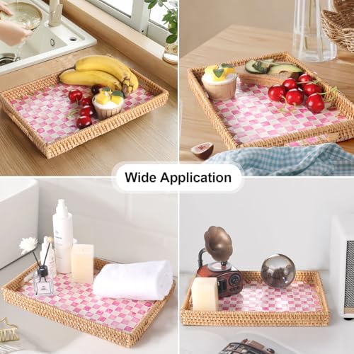 Rectangle Rattan Tray with Mother of Pearl Inlay, Rattan Serving Tray with Handle for Coffee, Bread, Fruits, Decorative Wicker Tray for Table Decor (Rectangle Pink Checkerboard, 13"×9") - Image 2