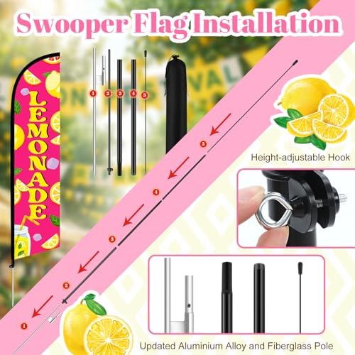 HunnmingRe 2 Set 15ft Pink Lemonade Feather Flag Kit, Large Advertising Swooper Flag Banner with Aluminum & Fiberglass Poles and Ground Stakes, High-visibility Outdoor Sign for Business, Store - Image 2