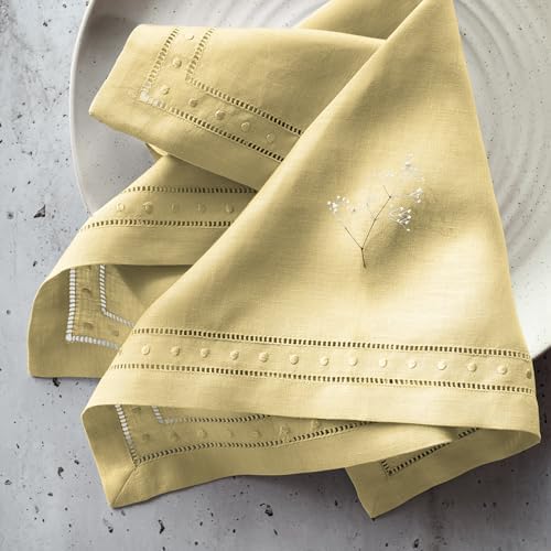 100% Pure Linen Napkins Yellow with Embroidered Dot Set of 4, 18 x 18 Inch - Image 4