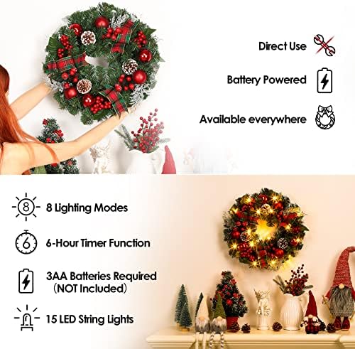 Garvee 18 in Prelit Christmas Wreath for Front Door, Battery Operated - Image 4