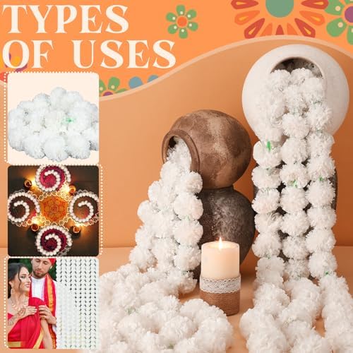 20 Pack White Marigold Garlands, 5 ft Indian Diwali Decorations - Image 4