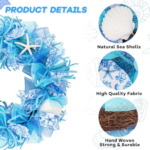 24 Inch Coastal Seashell Large Wreath with Natural Starfish & Scallops Shell, Blue Beach Style Front Door Wreath with for Spring Summer, Farmhouse Rustic Indoor Outdoor Home Wall Wedding Decor - Image 3