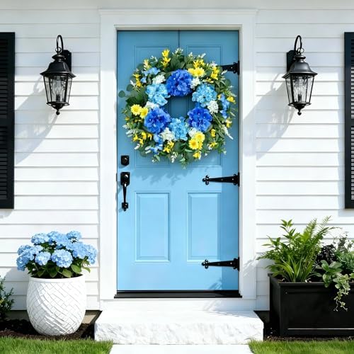 26 Inch Spring Wreaths for Front Door Outside Large Artificial Summer Wreath Silk Hydrangea Wreath with Yellow Daisy and Eucalyptus Leaves Indoor Outdoor Porch Rustic Farmhouse Home Wall Wedding Decor - Image 4