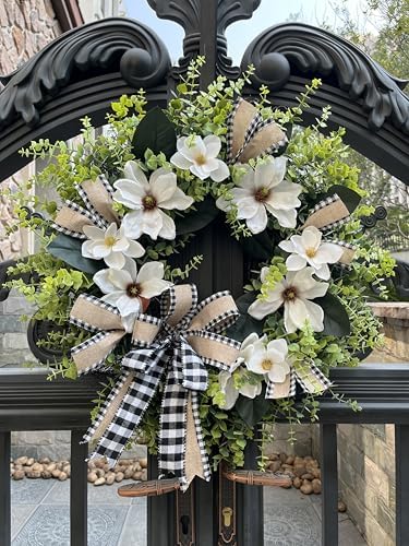 24 Inch Artificial Magnolia Wreath for Front Door – Farmhouse Boxwood Greenery Wreath with Buffalo Plaid Bow, Year-Round Rustic Home Wall Decor for Porch, Entryway, Living Room - Image 2