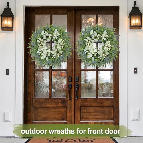 26" Eucalyptus Wreaths for Front Door with Lamb’s Ear White Berries Artificial Large Outdoor Wreath Farmhouse Home Decor Front Porch Wall Indoors Greenery Wreath for Spring Summer All Seasons - Image 2