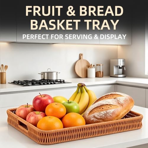 3PCS Hand-Woven 16“ Rattan Rectangular Serving Tray with Handles – Wicker Tray for Coffee Table Decor, Breakfast Basket, Drinks, Fruit, Snacks Organizer, Ottoman & Kitchen Counter Outdoor - Image 5