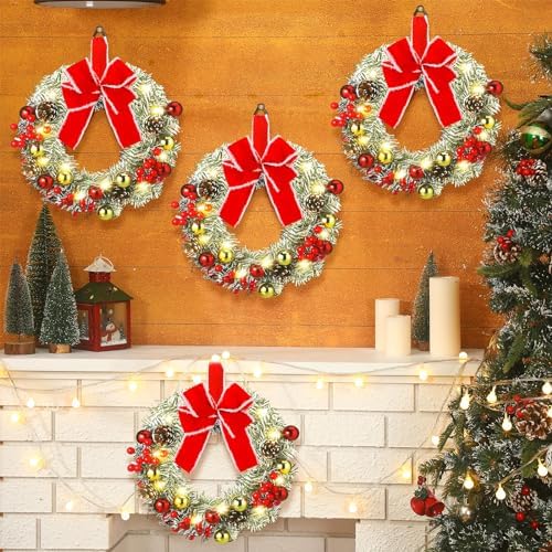 Ceenna 4 Pcs Pre-lit Artificial Christmas Wreaths 14 Inch Timer Lighted Christmas Wreaths with Bow Red Berries Pinecone Pine Needles 8 Model LED Light Xmas Wreath for Front Door Window Wall Holiday - Image 2