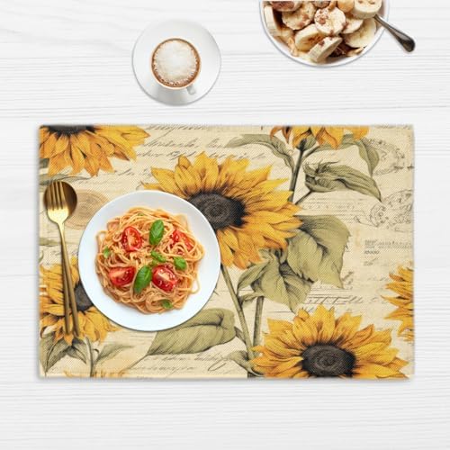 Vintage Sunflower Newspaper Floral Placemats Set of 6 Decorative Dinner Place Mats Washable Table Mat for Gifts, Holiday, Birthday Party, Wedding & Dining - Image 6