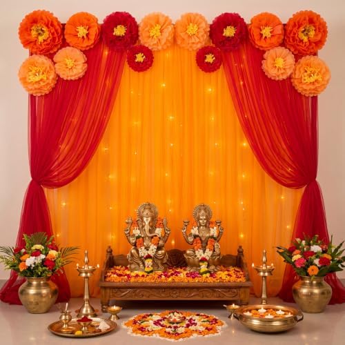 Indian Pooja Backdrop Decoration Set, Diwali Backdrop 4 Orange Red Tulle Drapes and 12 Paper Flowers, Mehndi Home Decorations for Varalakshmi, Haldi, Puja, Festival Decor - Image 2