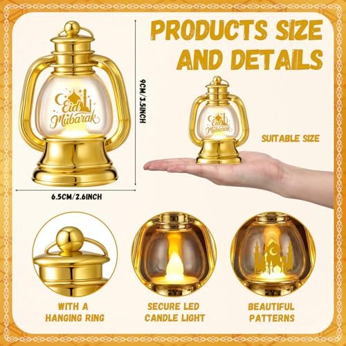 ROCEEI 24 Pcs Ramadan Eid Lantern Mini Gold Lanterns Decorative with LED Candles Small Eid Mubarak Decor Vintage Hanging Lantern Lights for Home Table Centerpiece Party Gift - Image 2