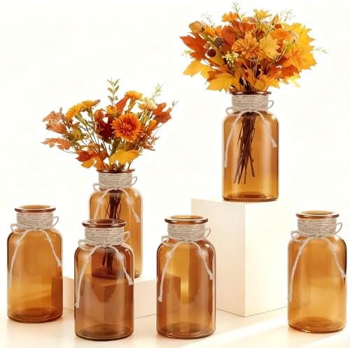 6 Pack Mason Jar Vases for Centerpieces, Amber Glass Flower Vase by LEYIQU