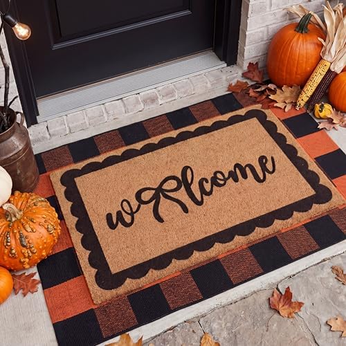 2 Pcs Fall Welcome Mat for Front Door Layered Buffalo Plaid Outdoor Rug - Image 4