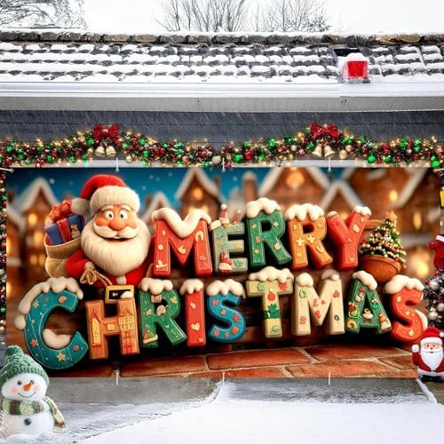 Santa Claus Garage Door Banner 16x7 Ft - Bold MERRY CHRISTMAS Text for 2 Car Garage Outdoor Indoor Decor - Image 2