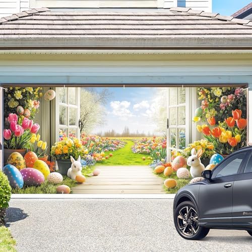 ANNA QUEEN Garden View Easter Garage Door Banner 7x16FT, Spring Flowers Easter Eggs Bunnies Garage Door Cover, Outdoor Decoration for Yard, Garage & Front Door - Image 2