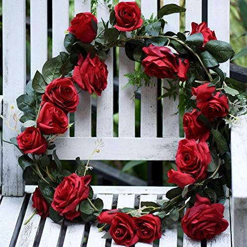 FiveSeasonStuff Classic Red Artificial Silk Roses Flower Garland, Bendable Hanging Vines (2pcs, 11ft) - Image 2