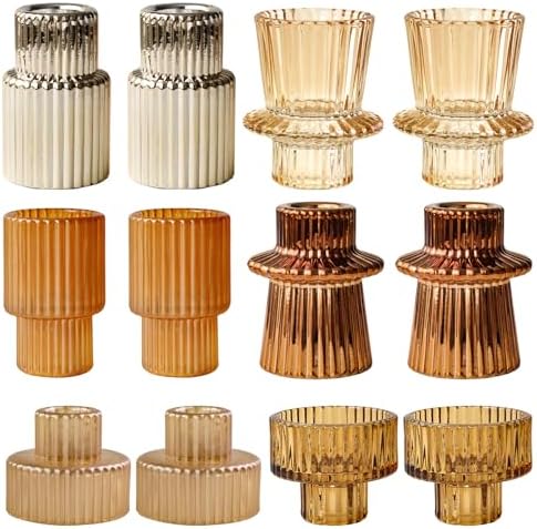 Gold Candlestick Holders 12PCS Ribbed Glass Taper Candle Holders Set for Tealight Candlestick Candles, Table Centerpieces for Thanksgiving Christmas Farmhouse Decor Indoor and Outdoor by Unknown