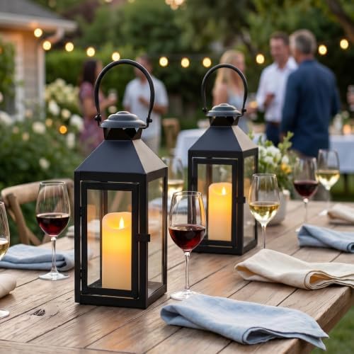 JHY DESIGN Set of 2 Farmhouse Decorative Lanterns 13" H Hurricane Candle Lanterns Rustic Lanterns Centerpieces for Home Garden Front Porch Indoor Outdoor Paritie and Wedding(Black) by JHYDESIGN