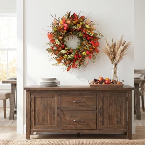 22" Berry Branches Fall Wreath with Colorful Mixed Leaves, Flowers & Twigs - Image 6